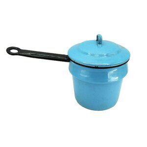 Vintage Enamelware Bright Blue Sauce Pot with Lid Vintage Camping